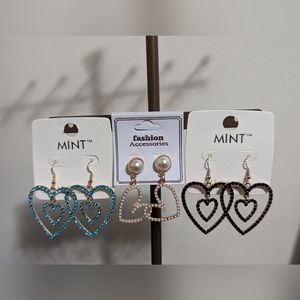 Rhinestone Heart Shaped Dangle Earrings-3 Pairs